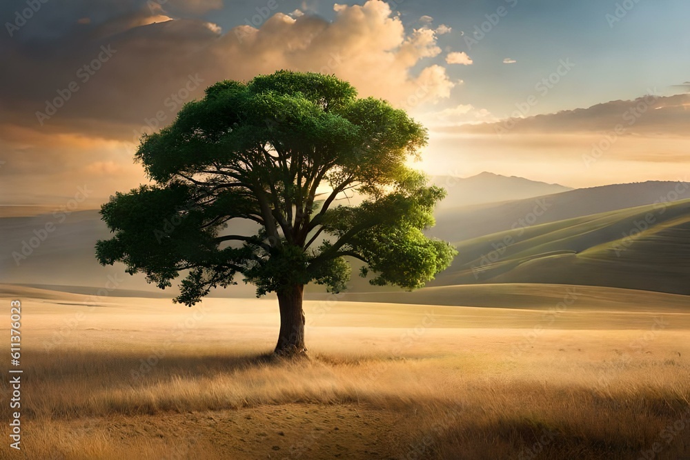Fototapeta premium Majestic Tree, Fantasy World, Mythical Landscape, Magical Tree, Mystical Atmosphere, Lonely Tree
