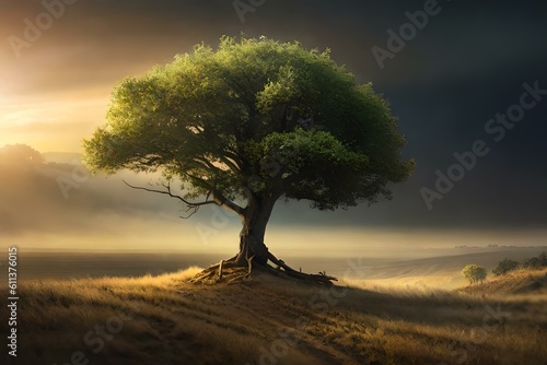 Majestic Tree  Fantasy World  Mythical Landscape  Magical Tree  Mystical Atmosphere  Lonely Tree