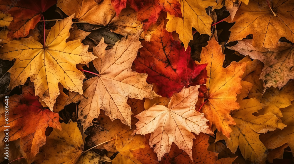 background of orange autumn dry orange maple leaves with a copy space. Generative AI background of orange autumn dry orange maple leaves with a copy space. Generative AI