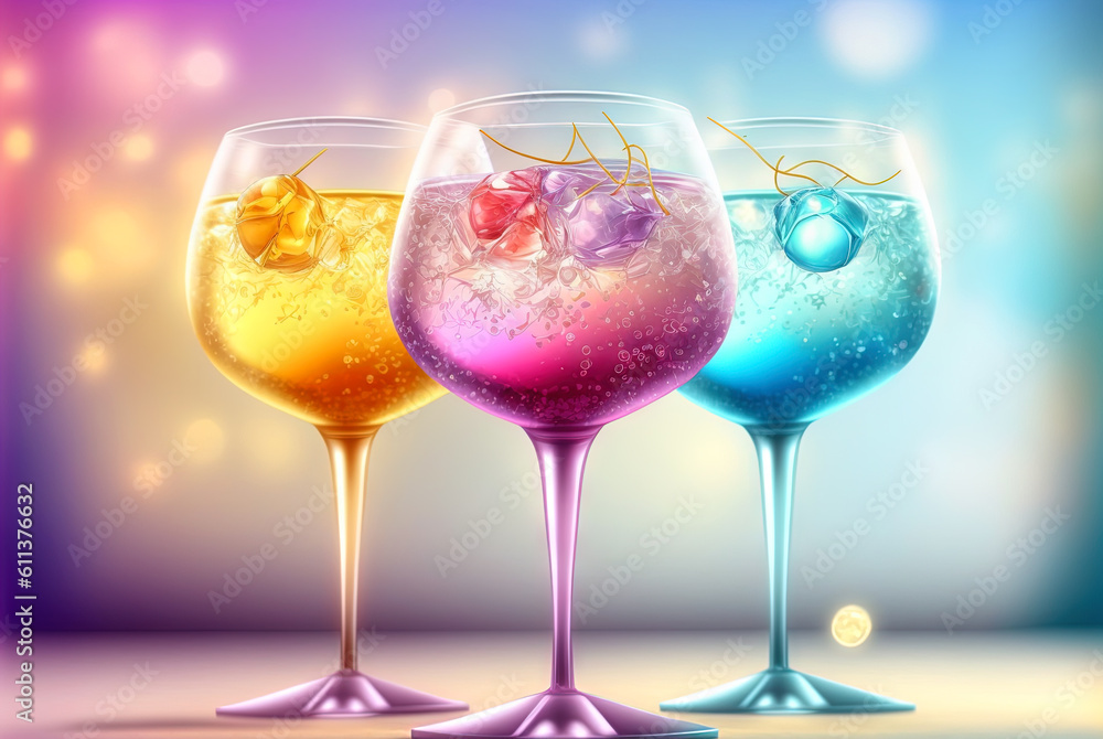 Club cocktails on the table with light. Colorful juicy drinks in glasses. Generated AI. Club cocktails on the table with light. Colorful juicy drinks in glasses. Generated AI.