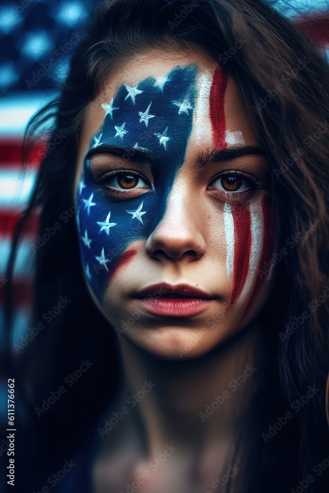 fan girl in the colors of the U.S. Flag of USA on his face and in the background. Generative ai fan girl in the colors of the U.S. Flag of USA on his face and in the background. Generative ai