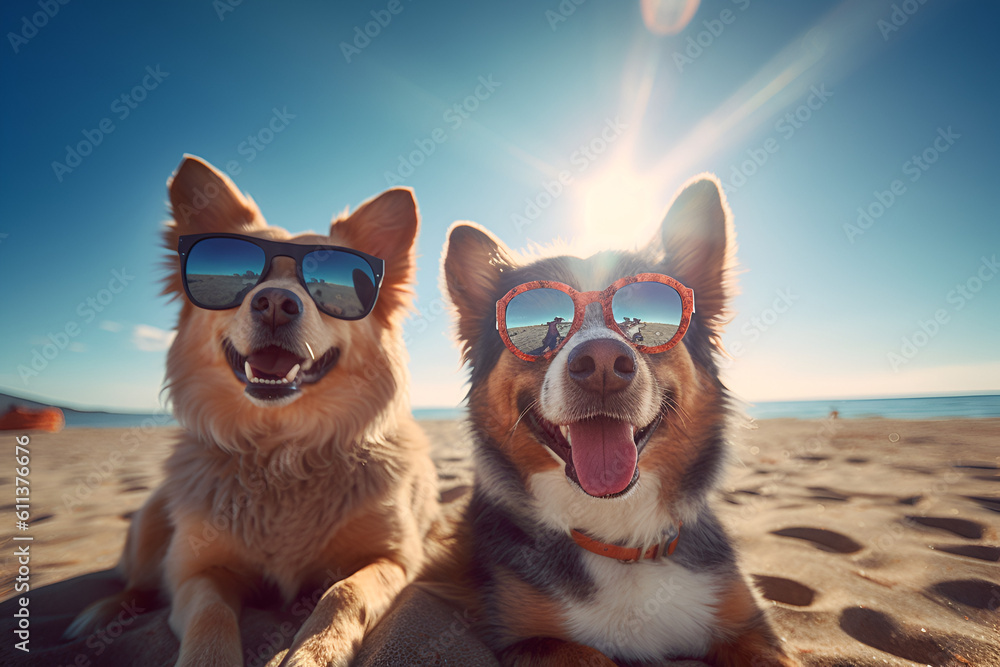 two dogs wearing sunglasses and smiling at the beach. Generative AI.