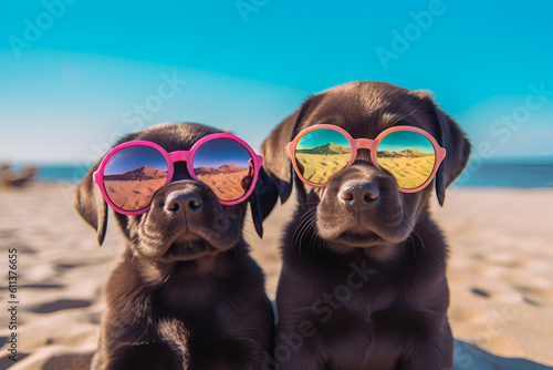 pair of labrador puppies with sunglasses at the beach. Generative AI. © Milito