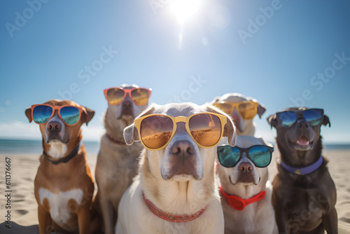 a group of labrador terrier dog wearing sunglasses on the beach. Generative AI.