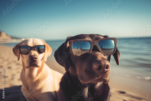 two labrador dogs with sunglasses on the beach. Generative AI. © Milito