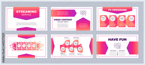 Streaming service presentation templates set. Video content. Digital media consumption. Online entertainment. Ready made PPT slides on white background. Graphic design. Arial, Myriad Pro fonts used