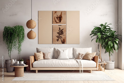 Modern contemporary living room in white color and wooden furniture and plants. White sofa in luxury apartment. Generative Ai.