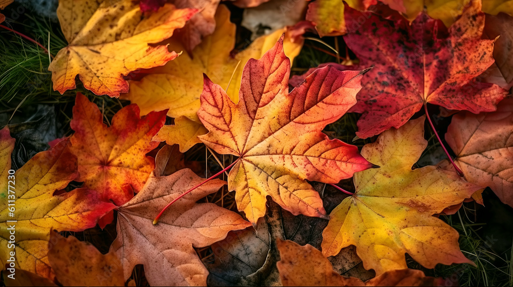 orange autumn background with fallen golden maple leaves with a copy space. Generative AI illustration orange autumn background with fallen golden maple leaves with a copy space. Generative AI illustration