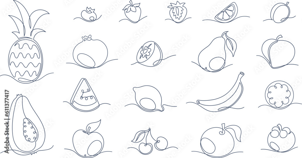 Fototapeta premium One line tropical fruit sketches, hand drawn linear apple and lemon. Minimalist continuous line exotic fruits, banana, pineapple and strawberry, summer fresh organic food monoline sketch vector set
