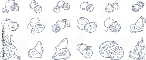 Tropical fruit sketch doodles, avocado half, lemon and orange slices. Hand drawn exotic fruits, sliced kiwi and papaya, fresh summer organic ingredients, vitamin rich food doodle stickers vector set