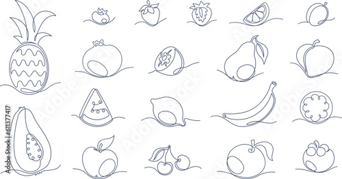 One line tropical fruit sketches  hand drawn linear apple and lemon. Minimalist continuous line exotic fruits  banana  pineapple and strawberry  summer fresh organic food monoline sketch vector set