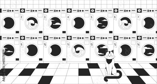 Commercial washers with cat black and white lo fi chill wallpaper. Laundromat. Cute animal at laundry room 2D vector cartoon interior illustration, minimalism background. 80s retro album art, line art
