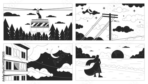Night sky clouds with moon black and white lo fi chill wallpaper set. Dusk cityscape 2D vector cartoon landscape, cityscape illustrations pack, minimalism background. 80s retro album art, line art