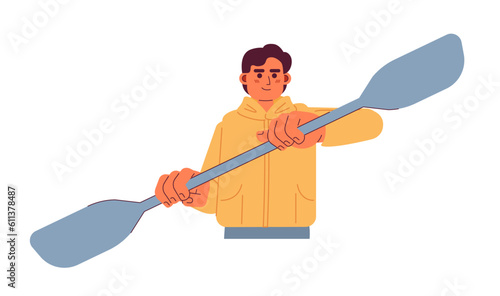 Young man rowing with kayak paddle semi flat colorful vector character. Caucasian male kayaker paddling. Editable half body person on white. Simple cartoon spot illustration for web graphic design