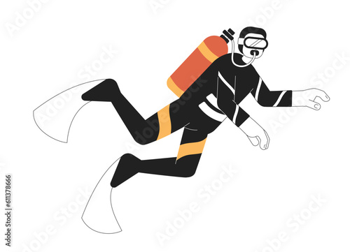 Male scuba diver swimming underwater monochromatic flat vector character. Snorkeling man. Diving class. Editable thin line full body person on white. Simple bw cartoon spot image for graphic design