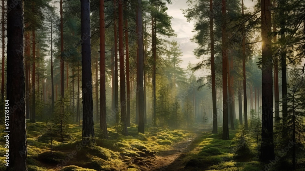 Naklejka premium A Majestic Forest of Towering Pine Trees