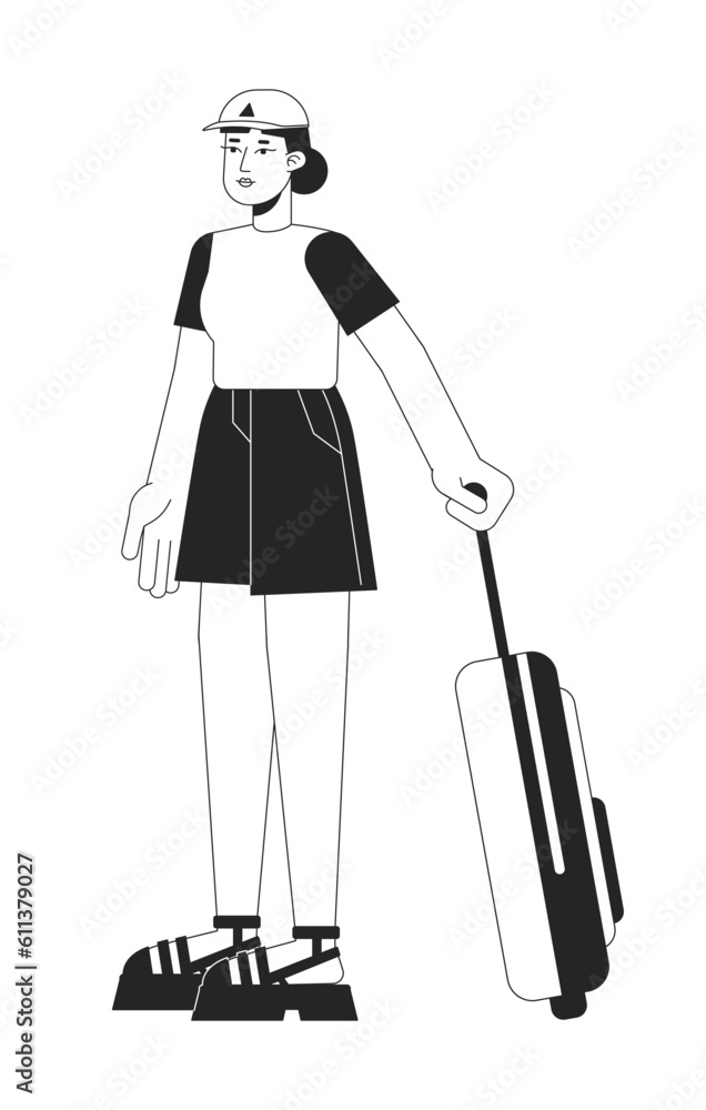 Asian woman traveling with suitcase flat line black white vector character. Editable outline full body person. Tourist girl with luggage simple cartoon isolated spot illustration for graphic design