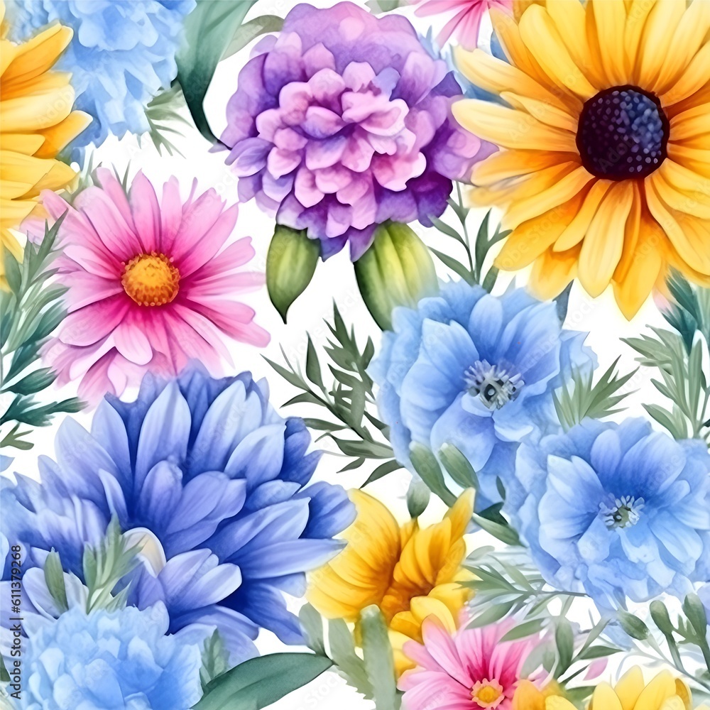 Beautiful blooming spring flowers hand painted details.