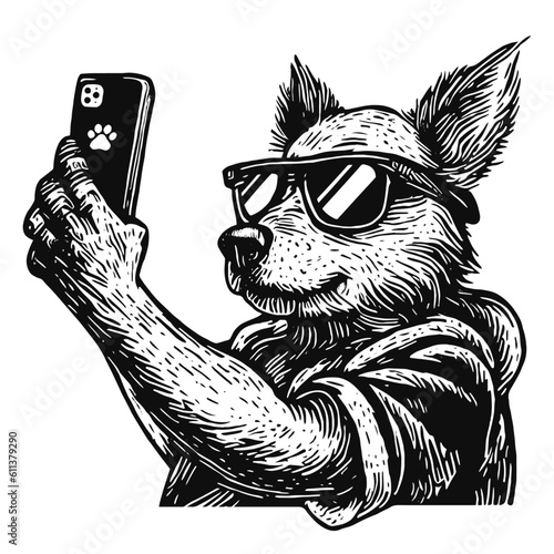 cool dog taking a selfie funny sketch	