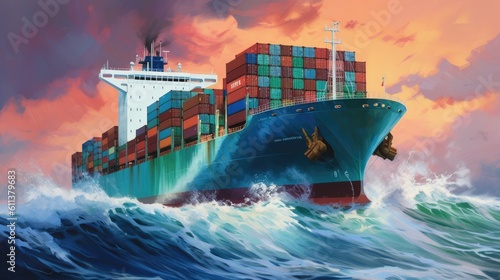 Container cargo ship in sea. Oil paint. Generative ai