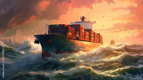 Cargo Ship. Container cargo ship in sea. Generative ai