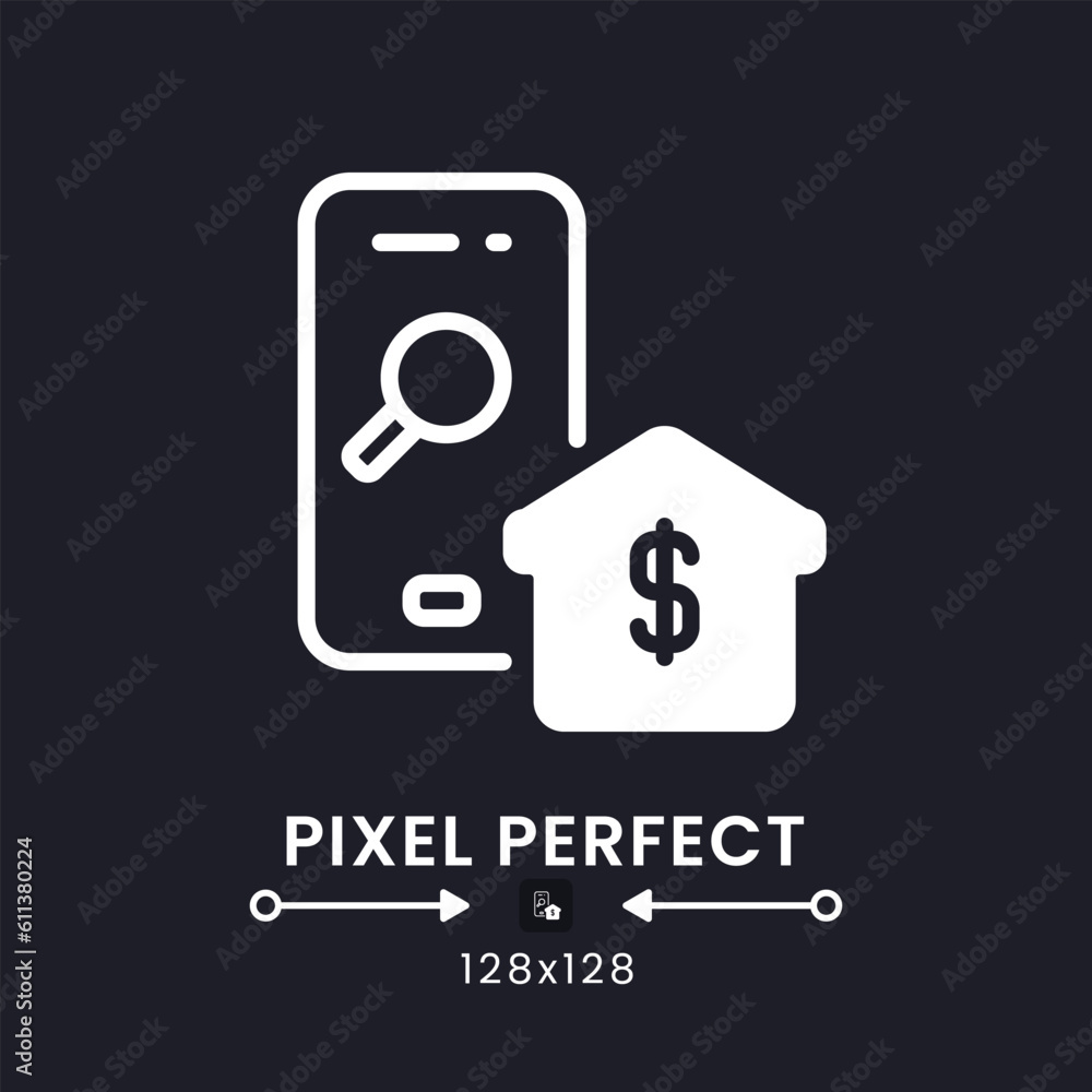 Real Estate app white solid desktop icon. Homes for sale. Housing data. Apartments for rent. Pixel perfect 128x128, outline 4px. Silhouette symbol for dark mode. Glyph pictogram. Vector isolated image Real Estate app white solid desktop icon. Homes for sale. Housing data. Apartments for rent. Pixel perfect 128x128, outline 4px. Silhouette symbol for dark mode. Glyph pictogram. Vector isolated image