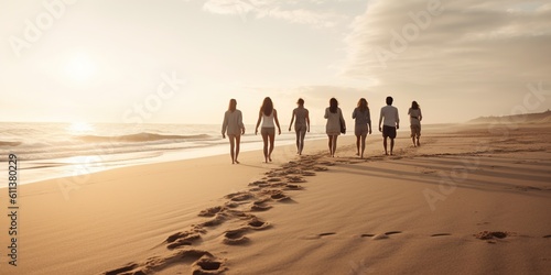 Rear view of a group of friends walking together on a sandy beach, leaving footprints in the sand as they enjoy each other s company, concept of Companionship, created with Generative AI technology