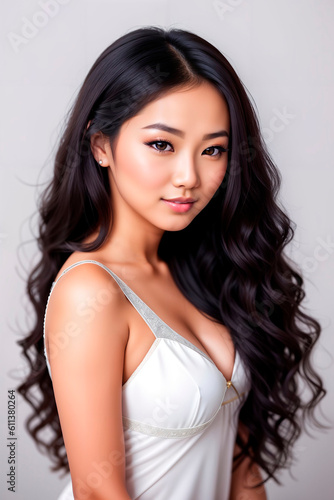 Asian girl with long and shiny wavy hair on grey background. Beautiful model with curly hairstyle. Generative AI.