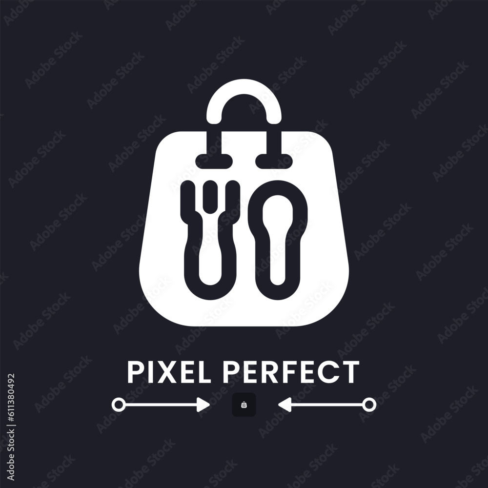 Naklejka premium Fast food package white solid desktop icon. Delivery service. Restaurant takeaway menu. Pixel perfect, outline 4px. Silhouette symbol for dark mode. Glyph pictogram. Vector isolated image