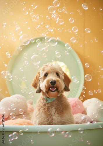 Cute Golden Doodle dog in a small bathtub with soap foam and bubbles, cute pastel colors.
