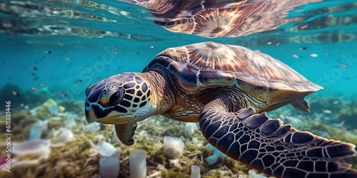 A sea turtle navigates through a sea of floating plastic debris, a grim reminder of the worsening ocean pollution problem, concept of Environmental degradation, created with Generative AI technology © koldunova
