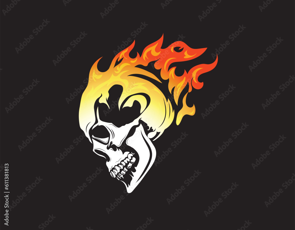 e-sports logo of a skull on fire. blazing heat and flames on the head of a skeleton looks evil and furious. Best for gaming and streaming team logos or any other gfx design projects related to fear.