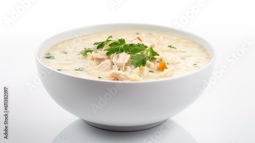 A warm bowl of creamy chicken and rice soup with herbs and spices on White Background with copy space for your text created with generative AI technology