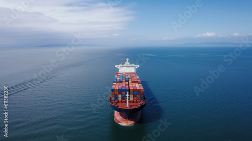 Aerial view of a large, heavy loaded container cargo ship