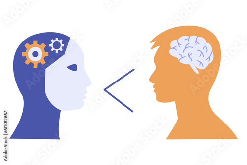 Human and robot head silhouette. Human brain versus mechanical parts, gears. Man or artificial intelligence. Technological development of future. Colorful vector isolated illustration flat