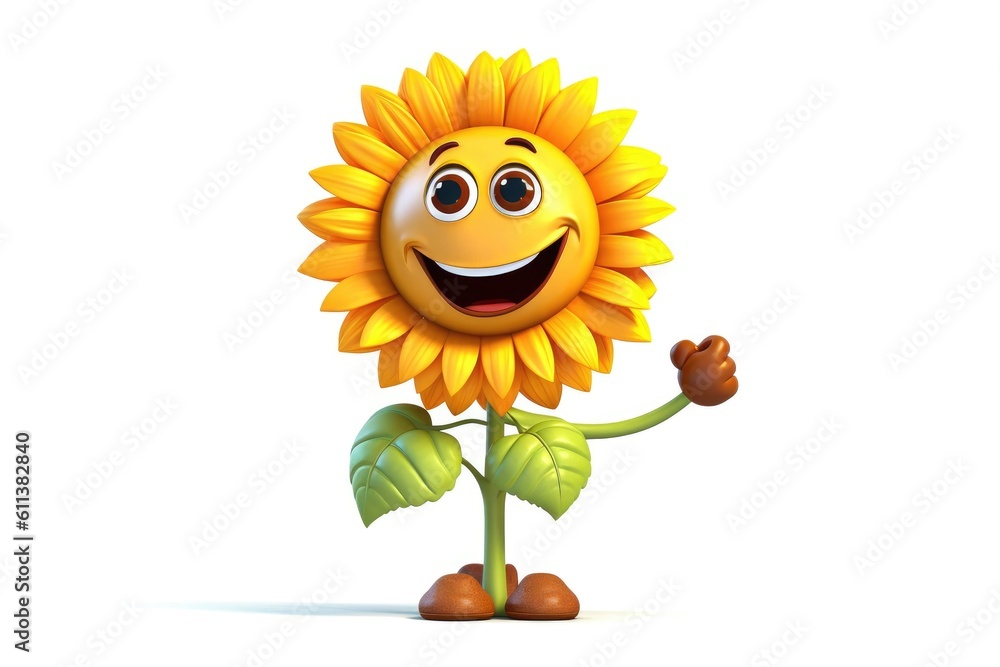 3D sunflower funny cartoon character with eyes on white background Generative AI Illustration