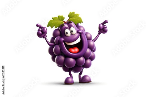 3D bunch of purple grapes funny cartoon character with eyes on white background Generative AI Illustration photo