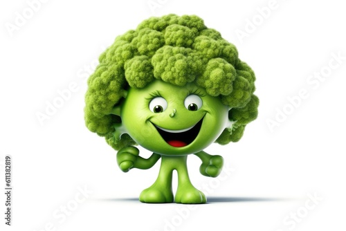 3D broccoli funny cartoon character with eyes on white background Generative AI Illustration