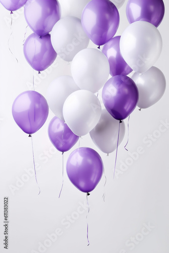 fliegende lila violet und weiße Ballons auf hellem Hintergrund. Generative Ai.