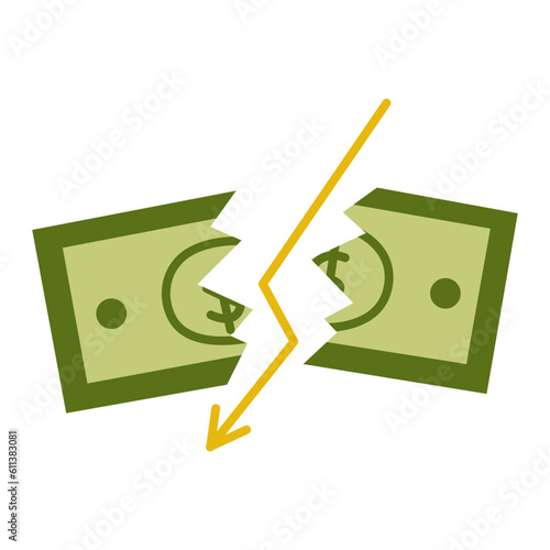 Torn dollar bill and down arrow in center. Concept of collapse of dollar, crisis and fall of exchange rate, collapse of fiat currency, recession. Colorful vector isolated illustration flat