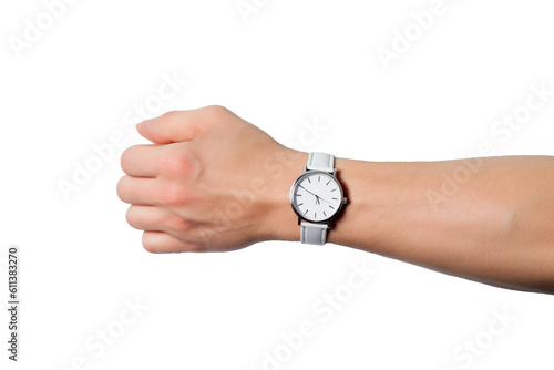 Hand with elegant white wrist clock over isolated transparent backdrop. Generative AI