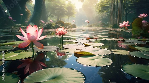 A Serene Photograph of a Pond Adorned with a Beautiful Lotus Flower