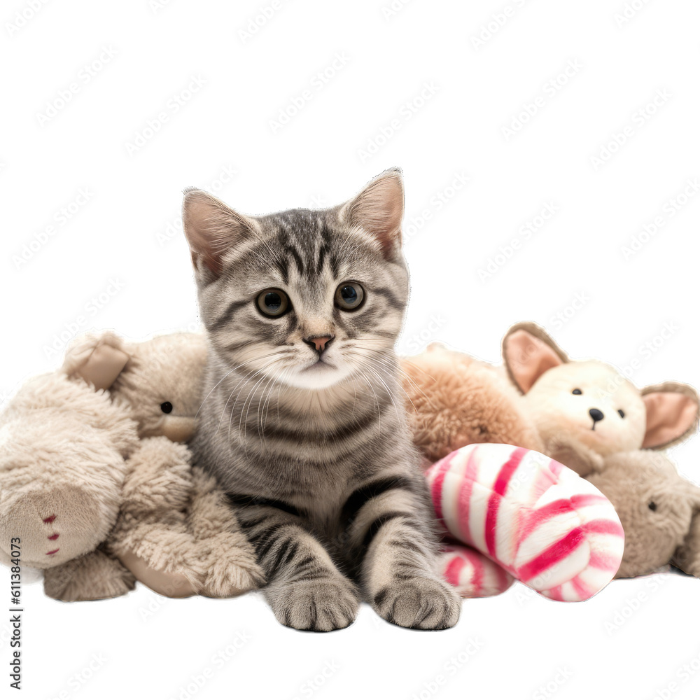 A cat in the middle of plushies A cat in the middle of plushies