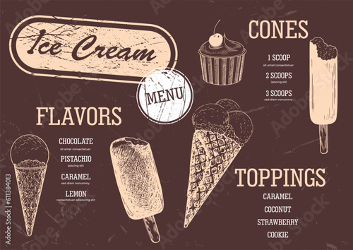 Template for ice cream menu for cafe and restaurant. Hand drawn ice cream in cone waffle. Frozen dessert in waffle cup. Retro style menu. Gelato drawing with hatching