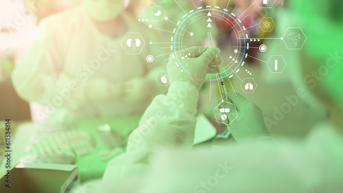 A gloved doctor's hand holding the vaccine needle stands out and looks up. Smart medical icon