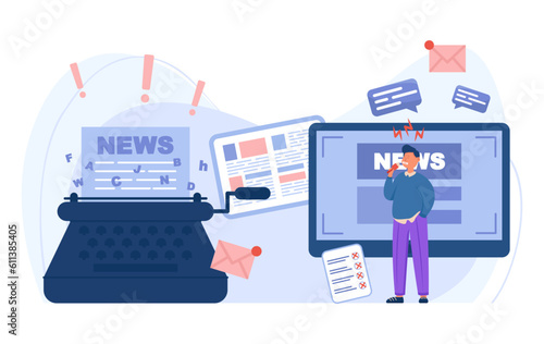 Tiny reporter with covered mouth vector illustration. Cartoon drawing of huge typewriter, journalism suffering due to disinformation, propaganda and AI. Freedom of speech, media, journalism concept