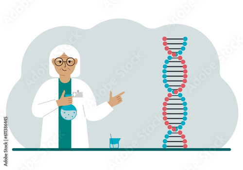 Old female doctor with flasks near the dna chain. The concept of treating a new coronavirus, virus, pcr or disease.