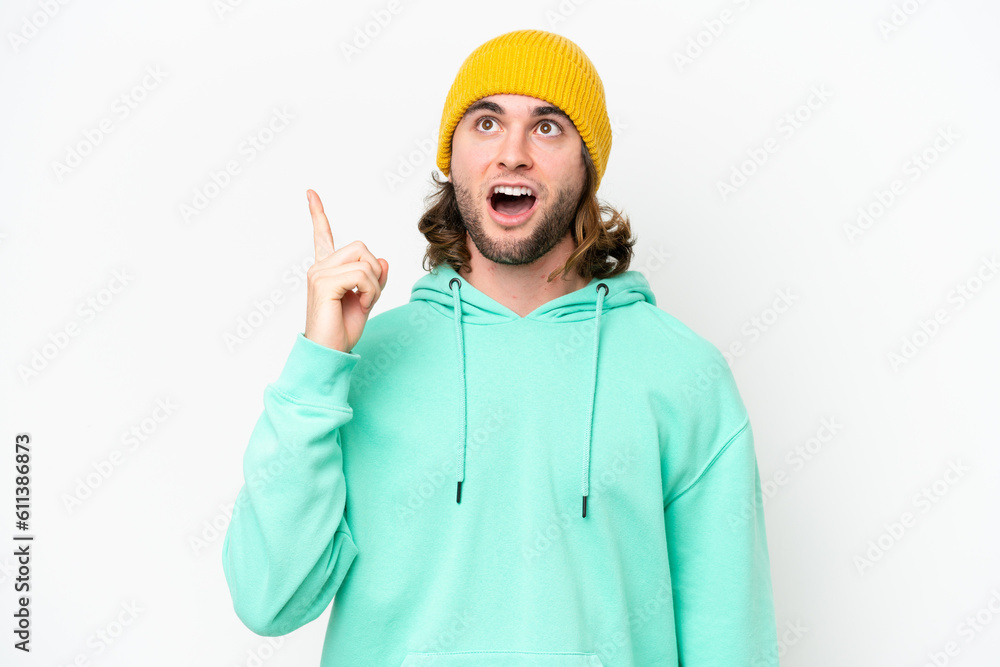 Young handsome man isolated on white chroma background thinking an idea pointing the finger up Young handsome man isolated on white chroma background thinking an idea pointing the finger up