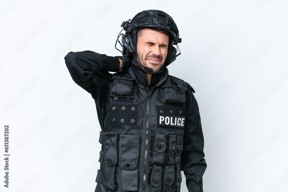 Young caucasian SWAT man isolated on white background with neckache Young caucasian SWAT man isolated on white background with neckache