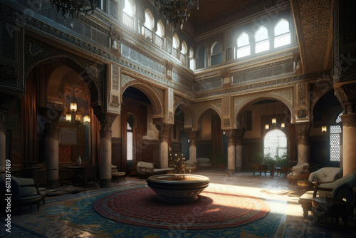 Abstract Islamic Interior, arches, columns, lantern. Oriental Palace interior. Generative ai illustration © maxa0109